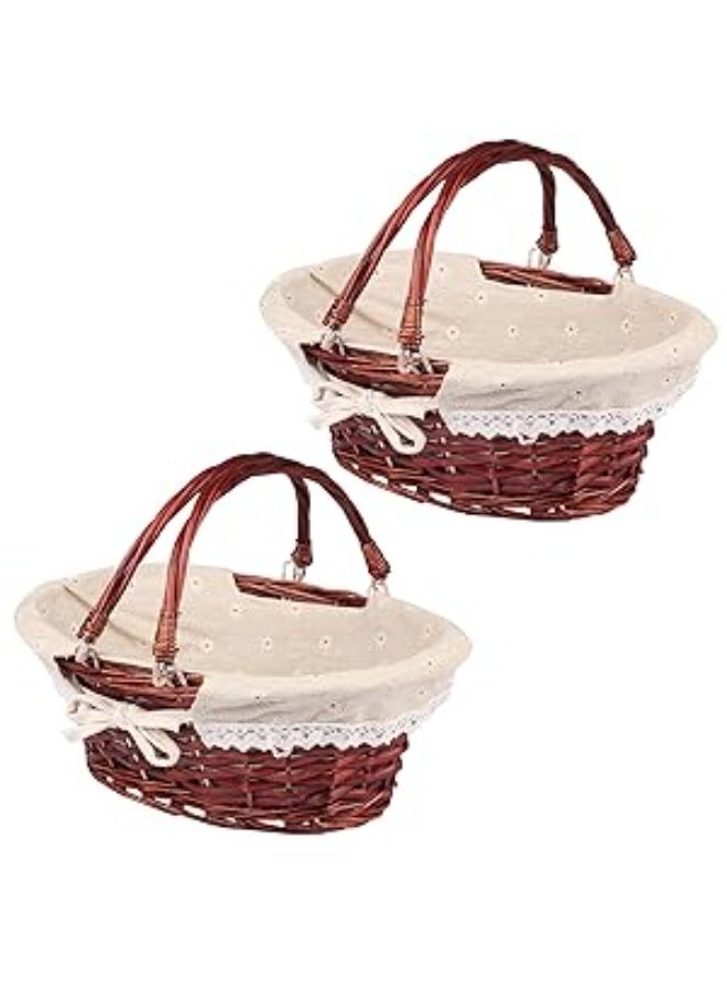2 Pack Wicker Basket with Handle, 12.6x9.8x5.5 inch Wicker Picnic Basket with Liner, Empty Gift Basket, Oval Willow Woven Basket for Fruit, Candy, Gathering, Wedding, Picnic?Brown?